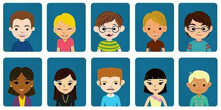 cartoon drawings of 10 students in the style of year book photos