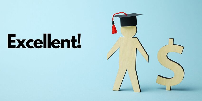 plain wooden human figure with a graduation cap beside a plain wooden dollar sign and the word