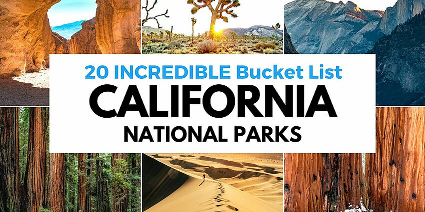 collage of 6 images showing mountains, redwood trees, dessert and more.