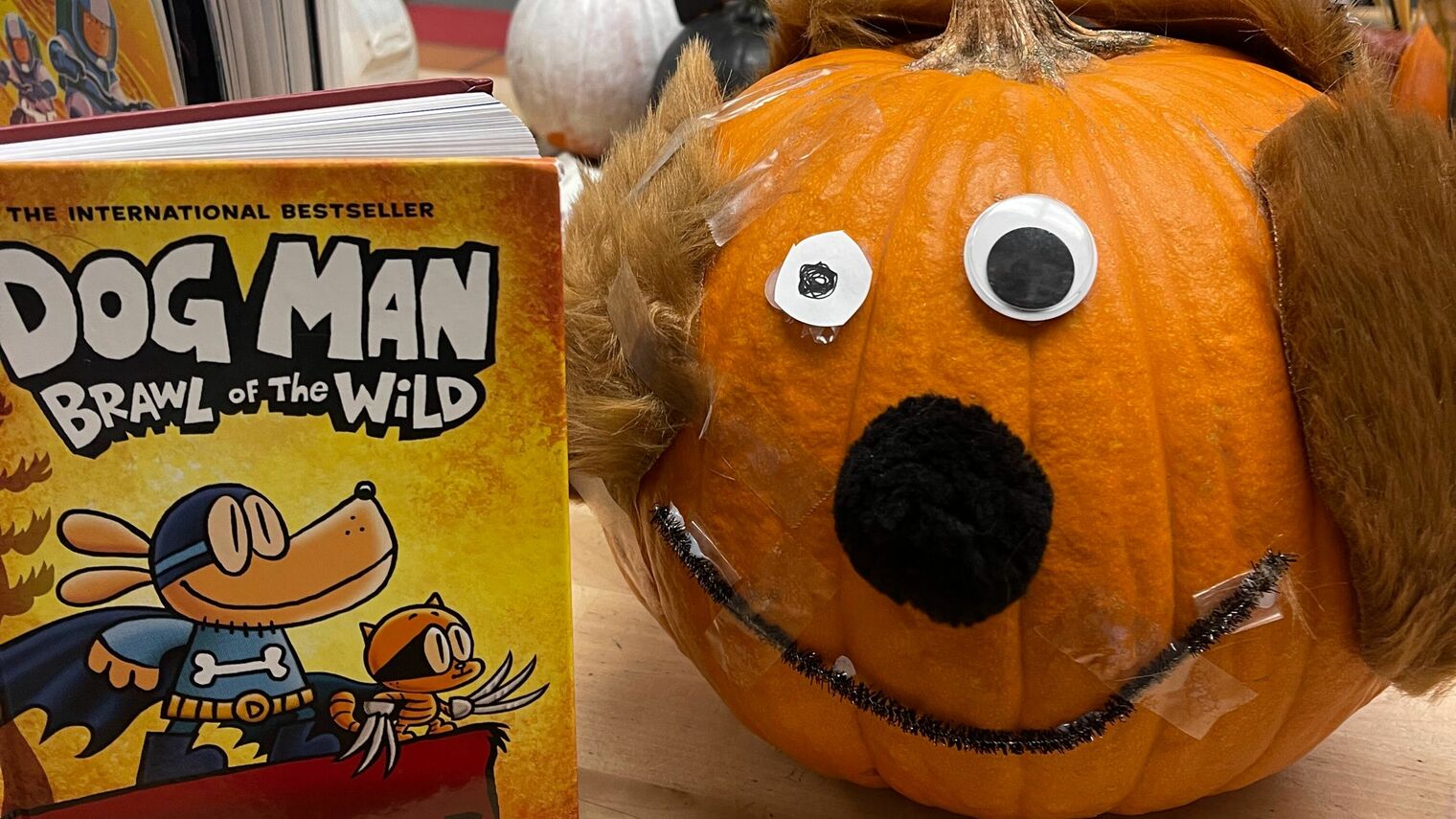 the book dog man brawl of the wild is displayed next to a pumpkin decorated like a dog 