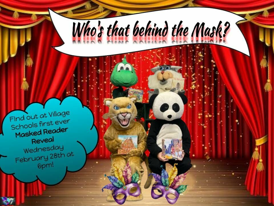 A stage with four mascots holding books - lynx, panda, cougar and dragon.  Text says  "Who's that behind the mask?" 